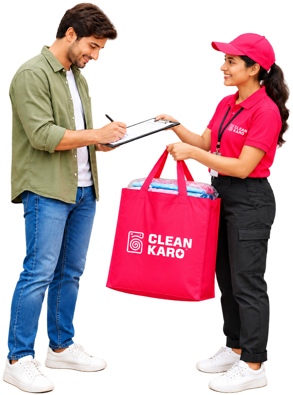 Laundry delivery handed over to a customer, with live order status in the app