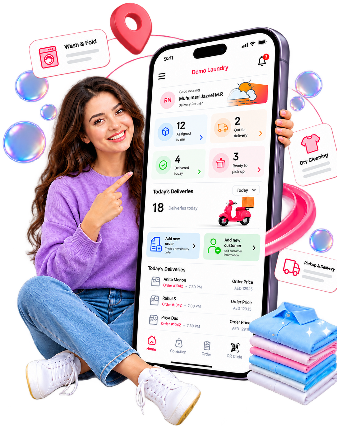 Woman using the CleanKaro laundry app on her phone