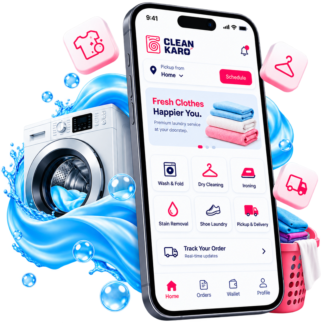 CleanKaro customer laundry app with pickup scheduling and services