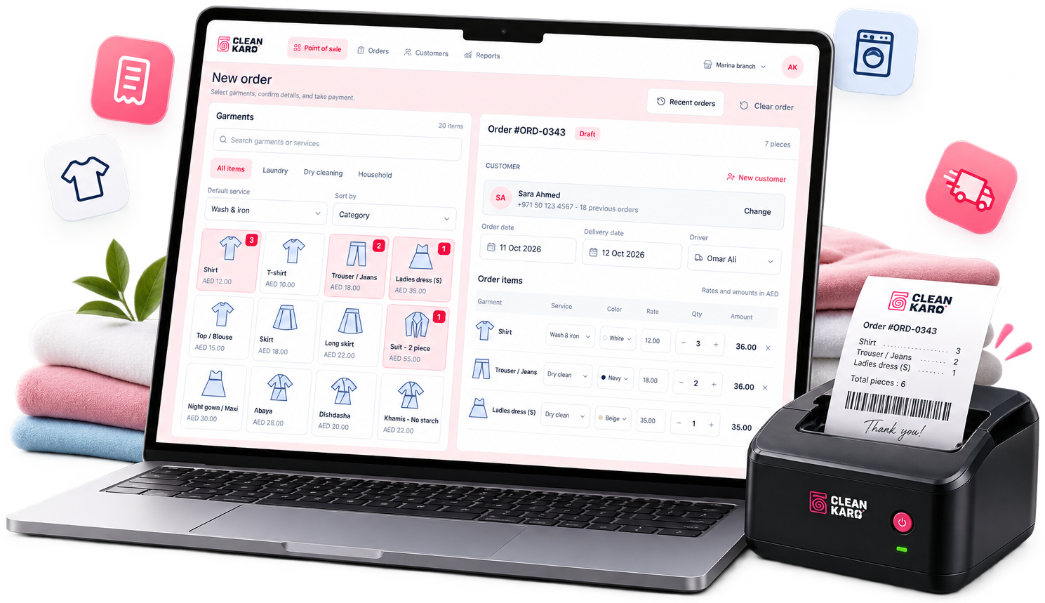 CleanKaro cloud laundry POS software on a laptop with receipt printer