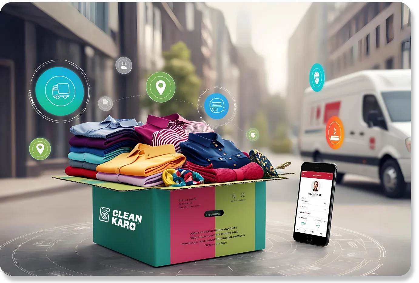 CleanKaro laundry box with the mobile app and delivery van