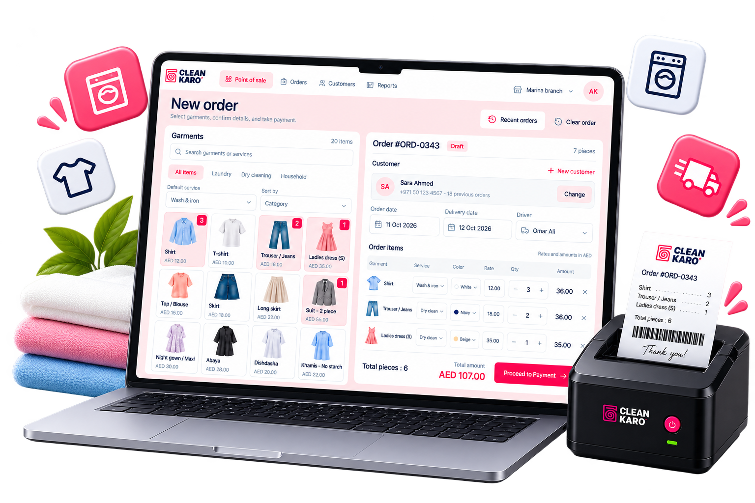 CleanKaro auto billing: create a bill, generate an invoice and accept QR payments